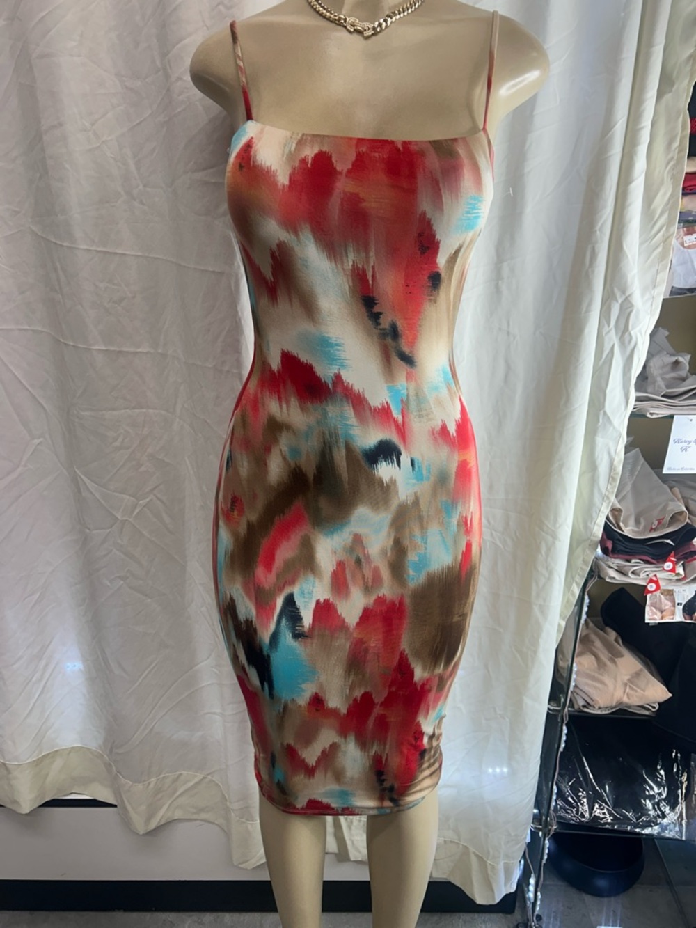 Sleeveless Midi Dress in Red Multi Watercolor Print